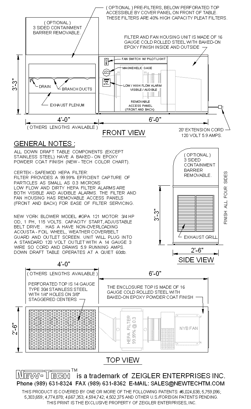 New-Tech HEPA Down Draft Table Drawing